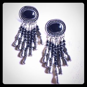 Large Black Silver Beaded Shield Earrings